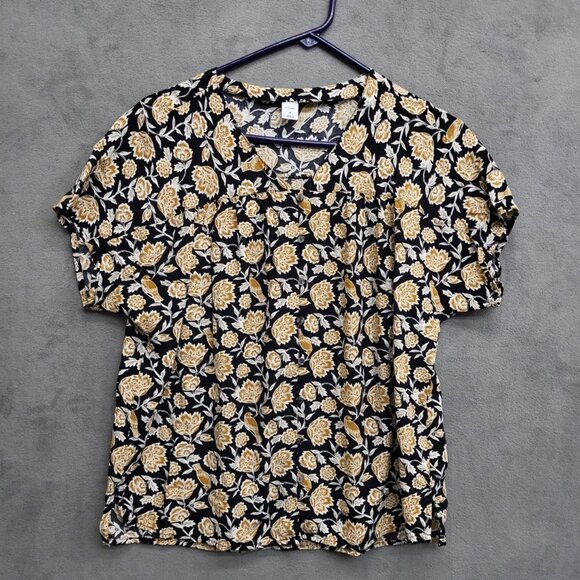 Old‎ Navy Womens Top Black Mustard Floral Bird Print Short Sleeve Button Size M - Picture 1 of 5